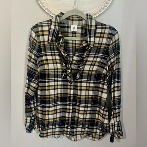 Plaid Ruffle Women's Top - Navy, White, Yellow